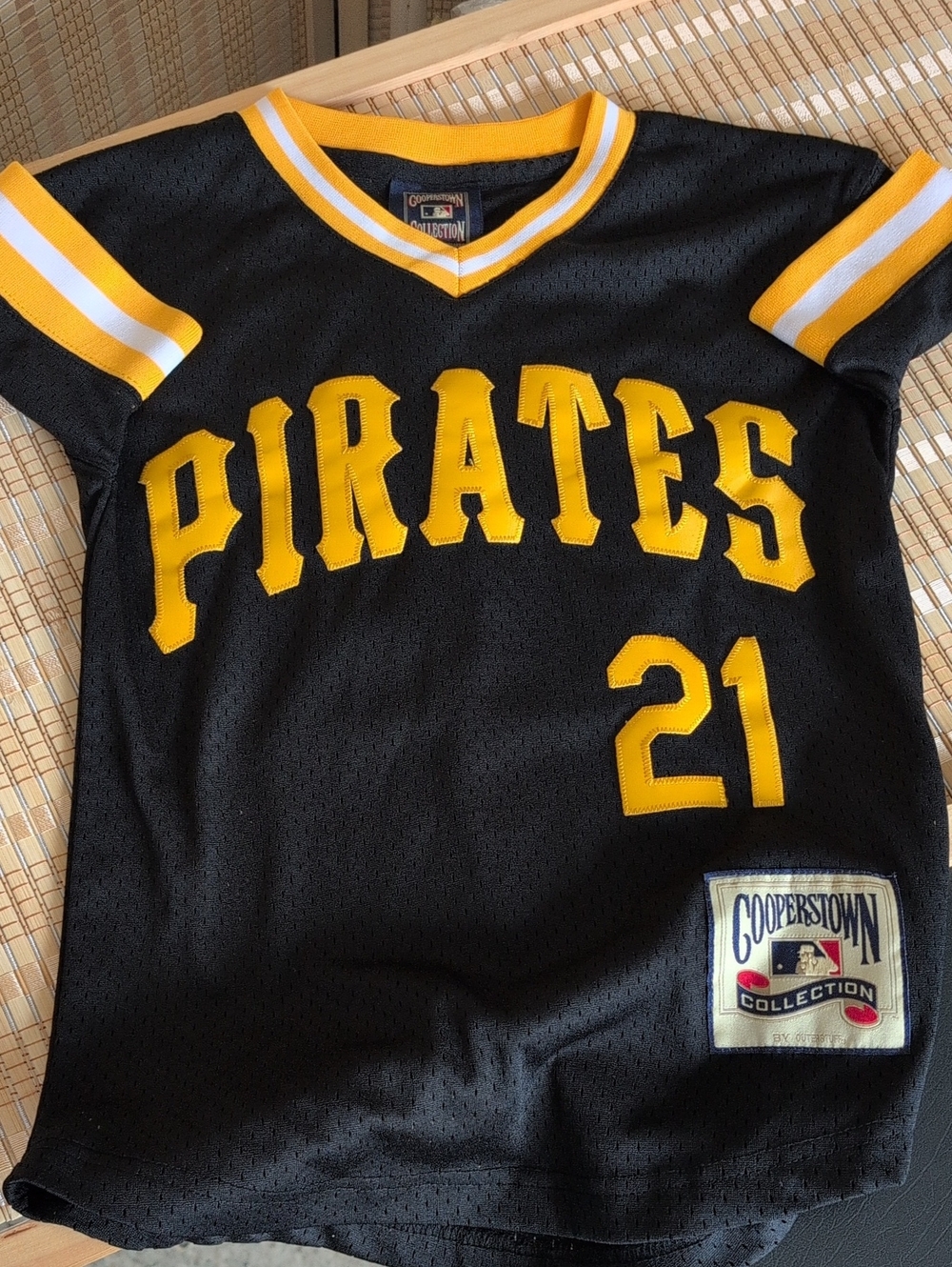 Kids Small "Pirates" #21 Roberto Clemente Black & Gold Jersey
